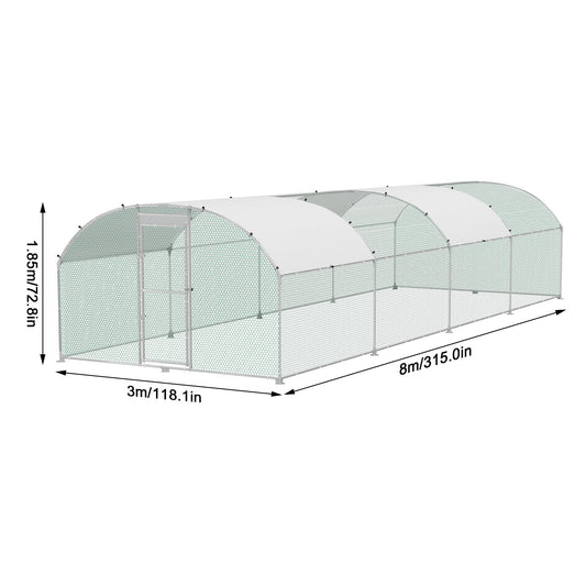 Grote Kippenren – Buitenren – Konijnenhok – Pluimveekoooi – Vogelkooi – Verzinkt Staal – PVC-Coated Gaas – 300 x 800 x 185 cm – Zonwering – Eenvoudige Montage