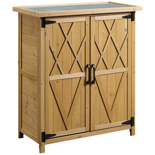 Outsunny Outdoor Garden Shed with 3 Shelves, 2 Doors, 75L x 40W x 90H cm, Yellow Pine Wood, Asphalt Roof