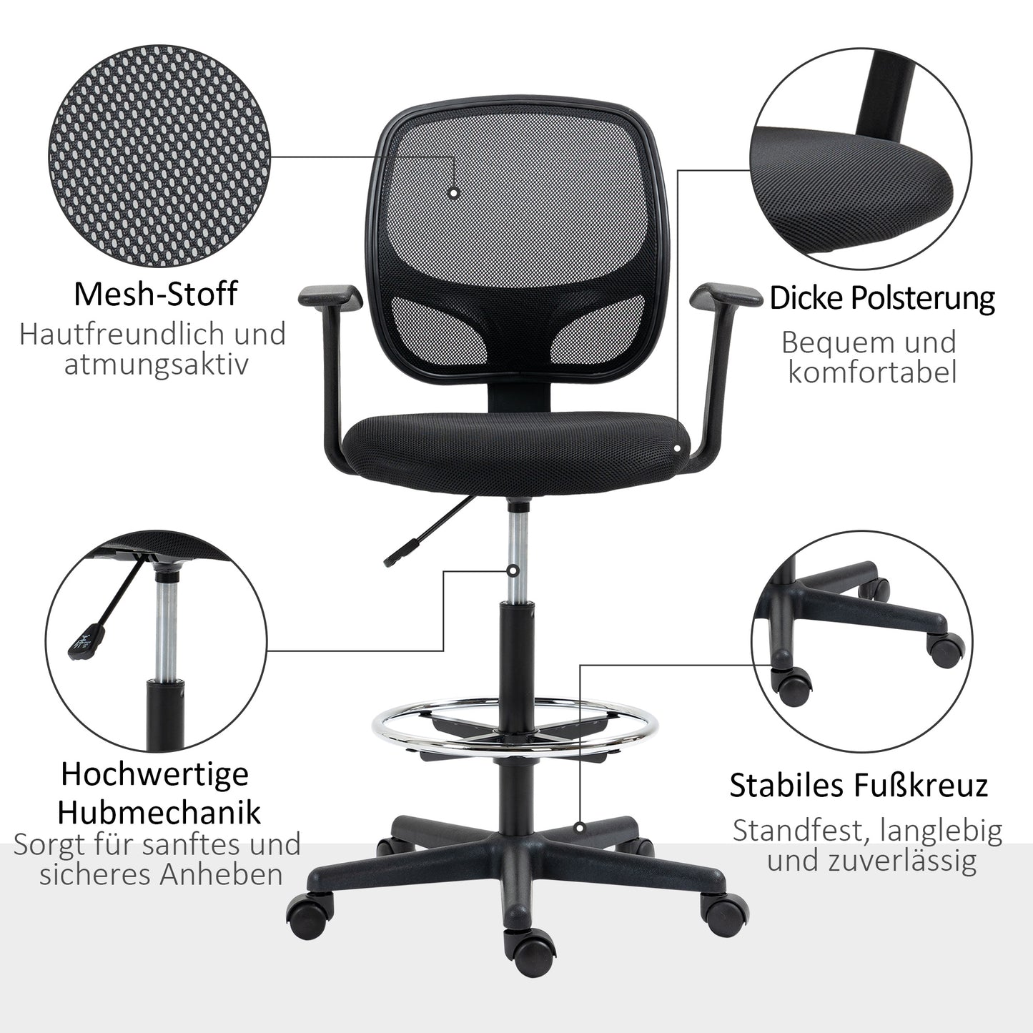 Bureaustoel – Werkstoel – Office Chair – Draaistoel – Tekentafelstoel – Verstelbare Zithoogte 110-132 cm – Inclusief Voetenring Mesh Rugleuning – Zwart