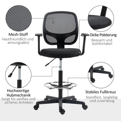 Bureaustoel – Werkstoel – Office Chair – Draaistoel – Tekentafelstoel – Verstelbare Zithoogte 110-132 cm – Inclusief Voetenring Mesh Rugleuning – Zwart