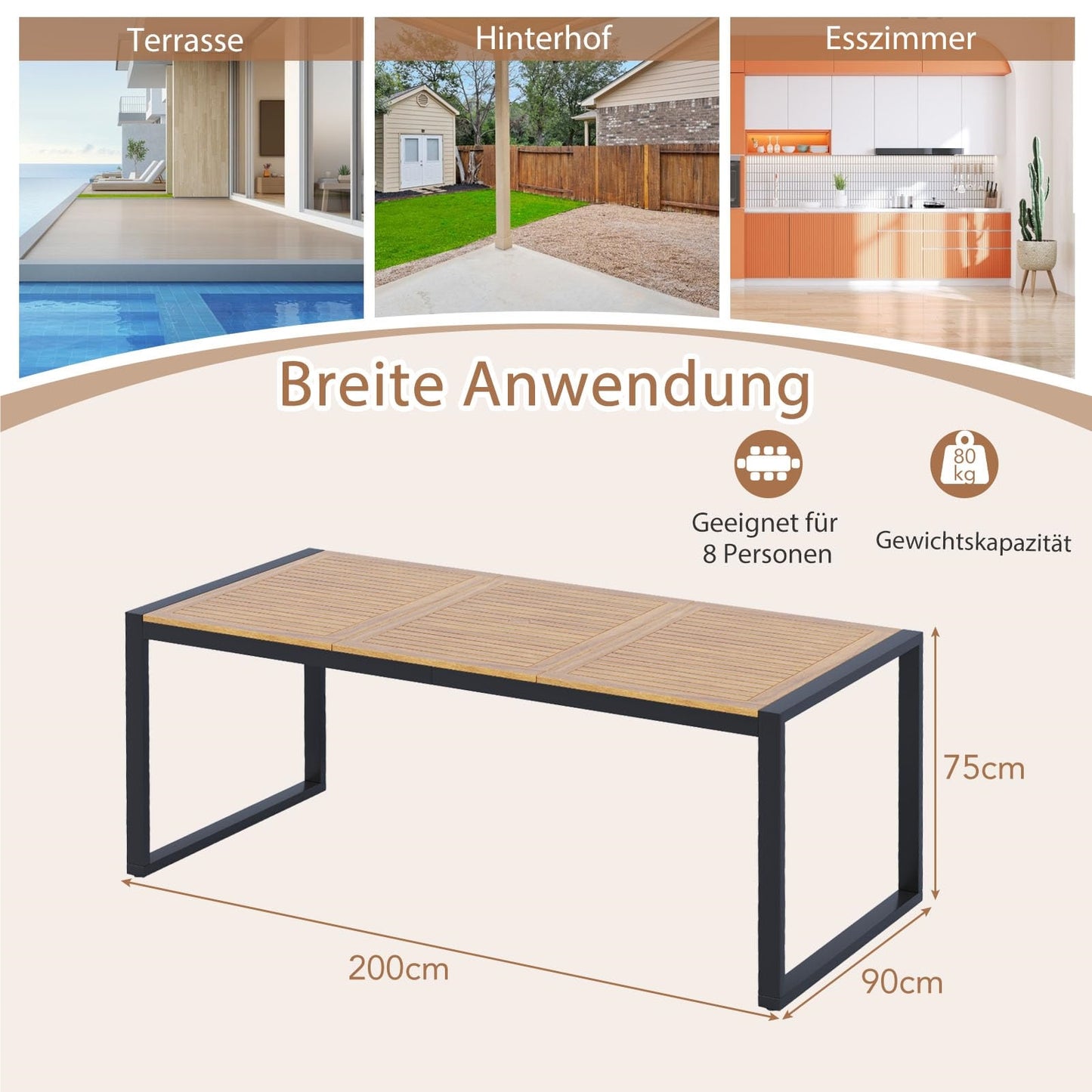 Tuintafel – Buiten Tafel – Eettafel Tuin – Terrastafel – Balkon Tafel – Acaciahout – 200x90cm – Parasolgat – 8 Personen