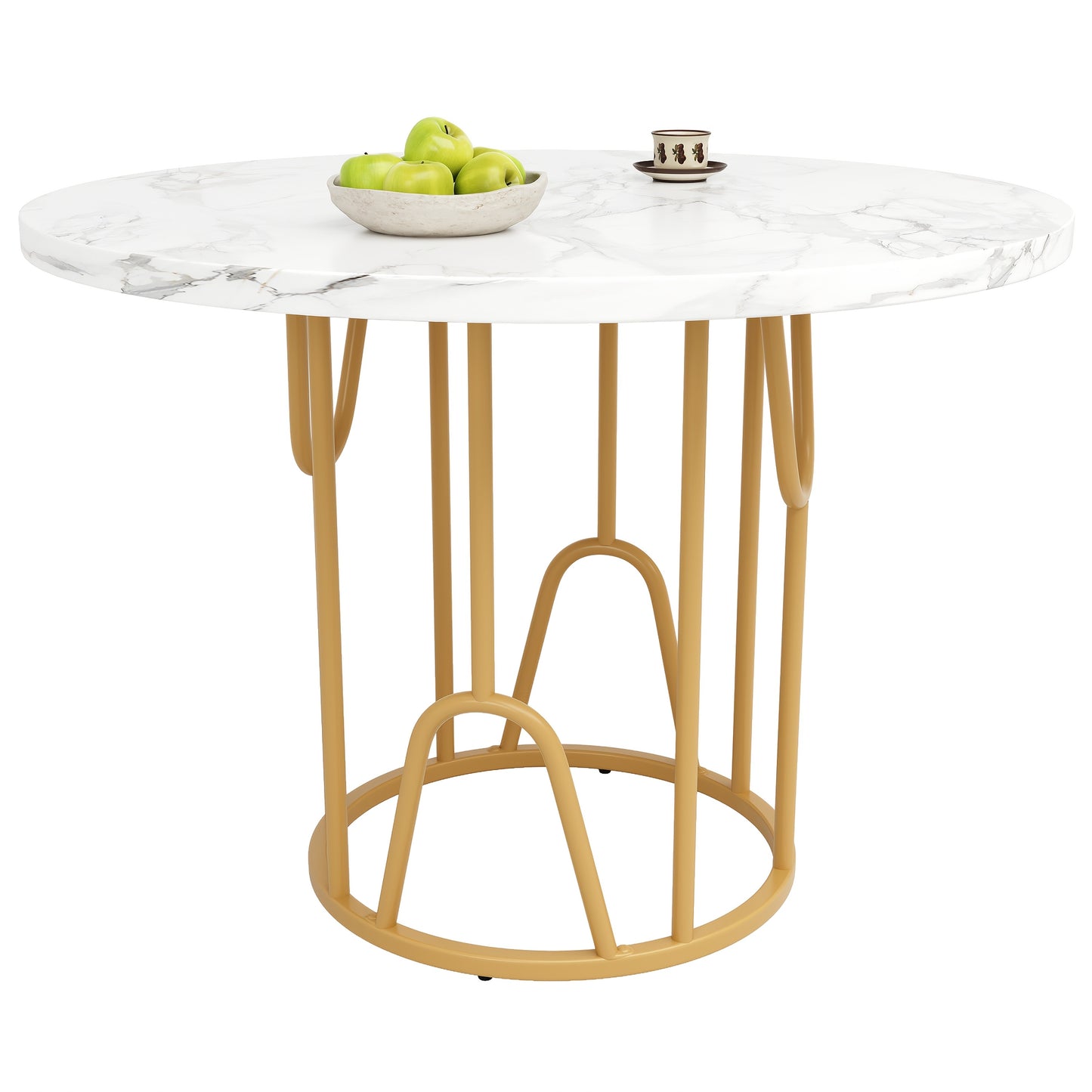 Ronde Eettafel – Ronde Tafel – Eetkamertafel – Salontafel – Bijzettafel – Wit Marmeren Blad – Gouden Poten – 80 cm Diameter – Geschikt Voor 4-6 Personen