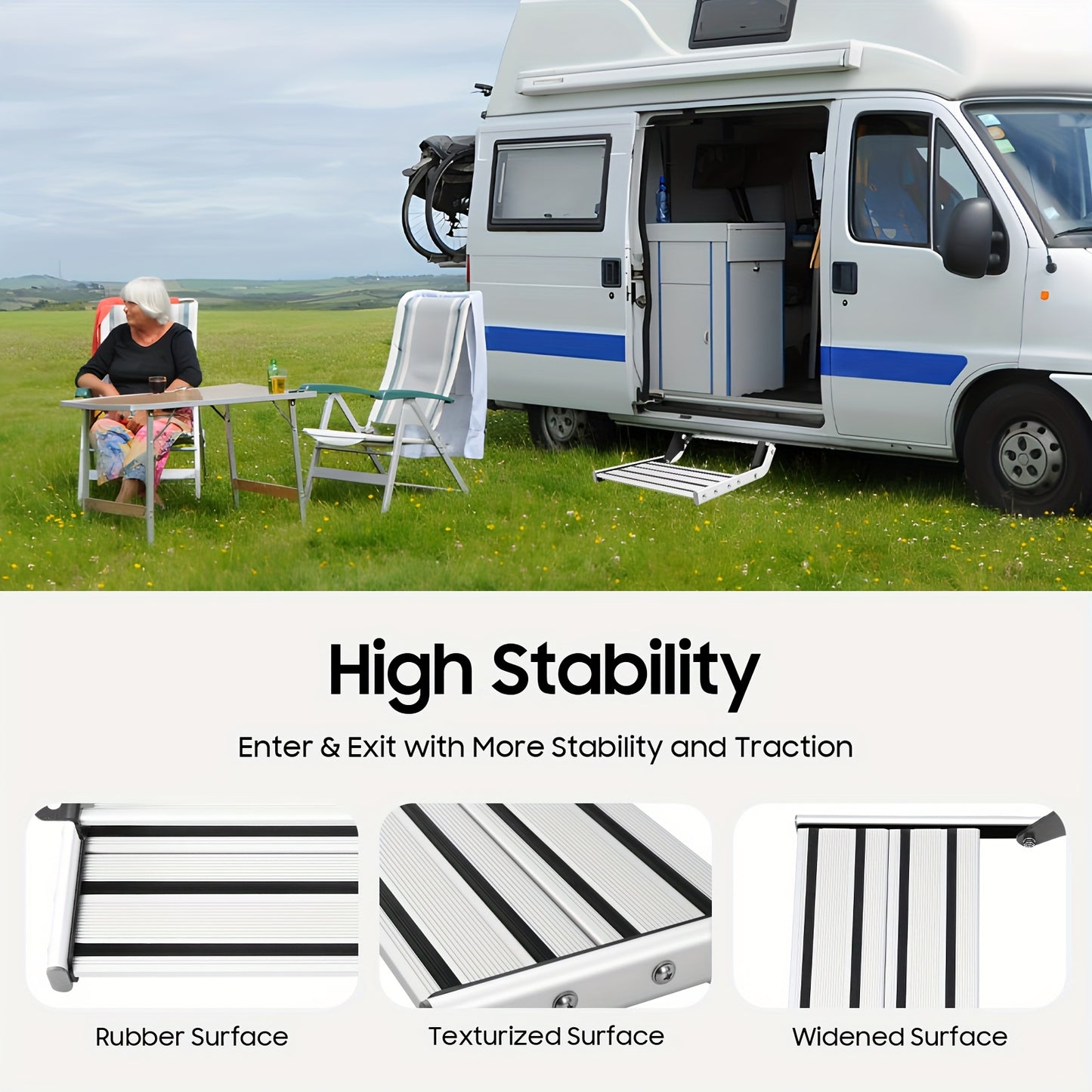 Instaptrap Camper – Opvouwbare Trap – Caravan Trap – Bus Instap – Enkele Trede – Aluminium Legering – Antislip Voetplaat – Draagkracht 150 kg – Zilver