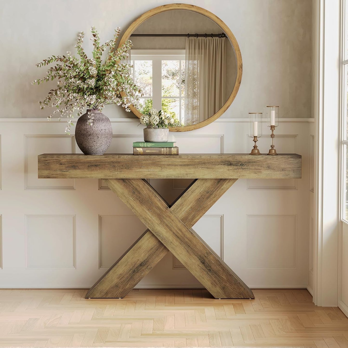 Sidetable – Wandtafel – Console Table – Accenttafel – Industrieel – 5-laags Opbergmeubel – Rustiek Bruin – Massief Houten Blad – Smal & Stevig Metaal Frame