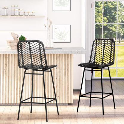 Barkruk – Barstoel – Bistrohocker – Keukenstoel – Barstoel Zwarte Set van 2 – Stalen Frame – Rattan Zitting – Hoogte 102 cm – Max. 120 kg draagvermogen