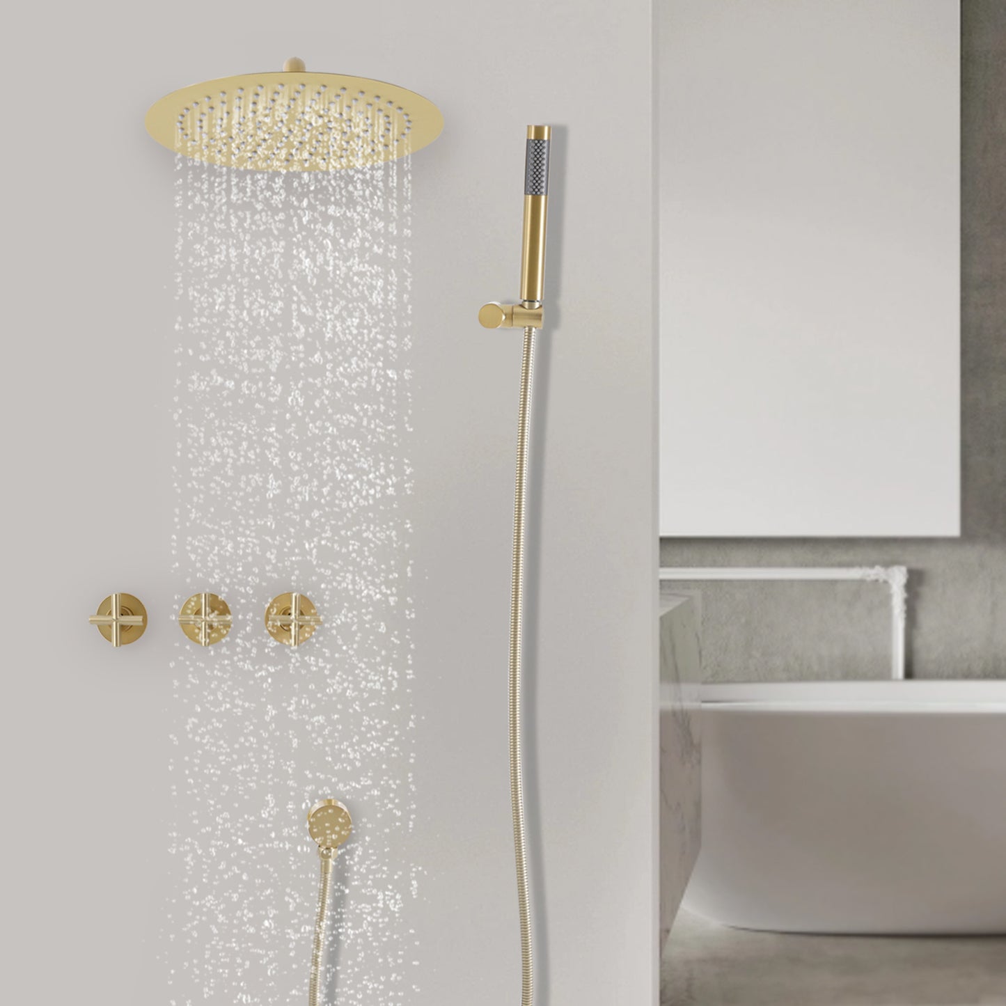 TOOL1SHOOO Premium 10-inch Wall Mounted Shower Set with Rainfall Shower Head And Adjustable Handheld Sprayer, Brushed Golden Finish, High Quality Brass Design for Home Hotel Bathroom, Bathroom Upgrade, Luxury Showering, Elega
