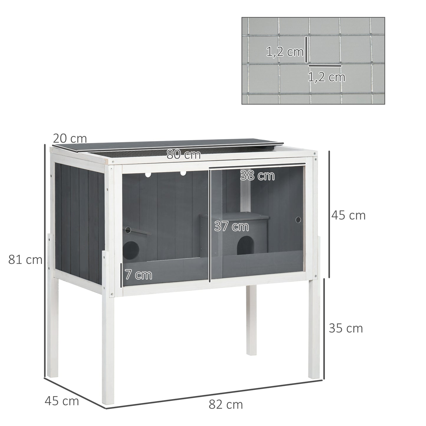 Hamsterkooi – Dwergcavia Kooi – Kleine Dieren Kooi – Houten Kooi – Metalen Kooi – Donkergrijs Wit – 3000 cm² Ruimte – Acryl Schuifdeuren