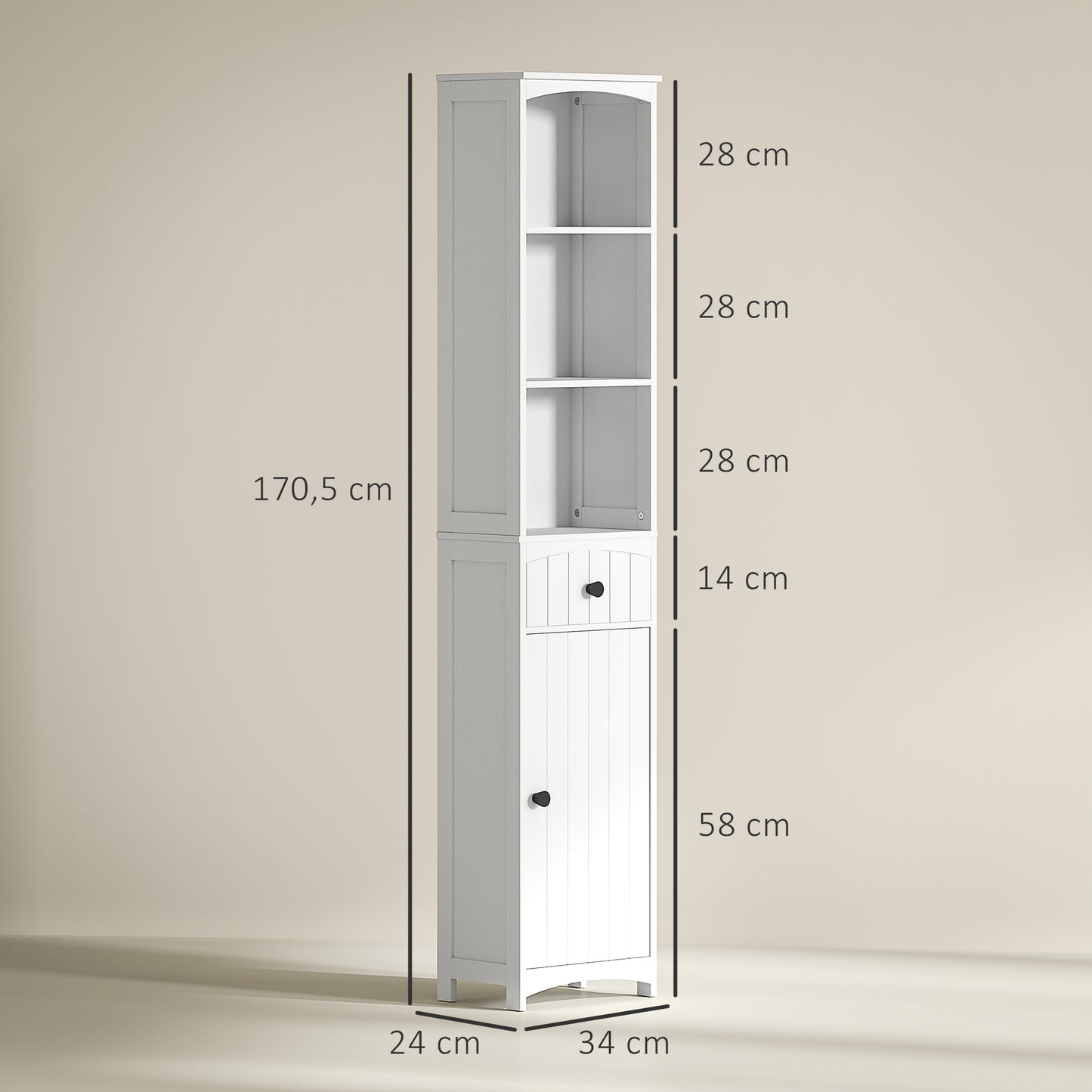 Badkamerkastje – Badkamermeubel – Opbergkastje – Toiletkast – Witte kast – 3 Ruime Planken – 1 Lade – Duurzaam MDF – Compact Vrijstaand Design