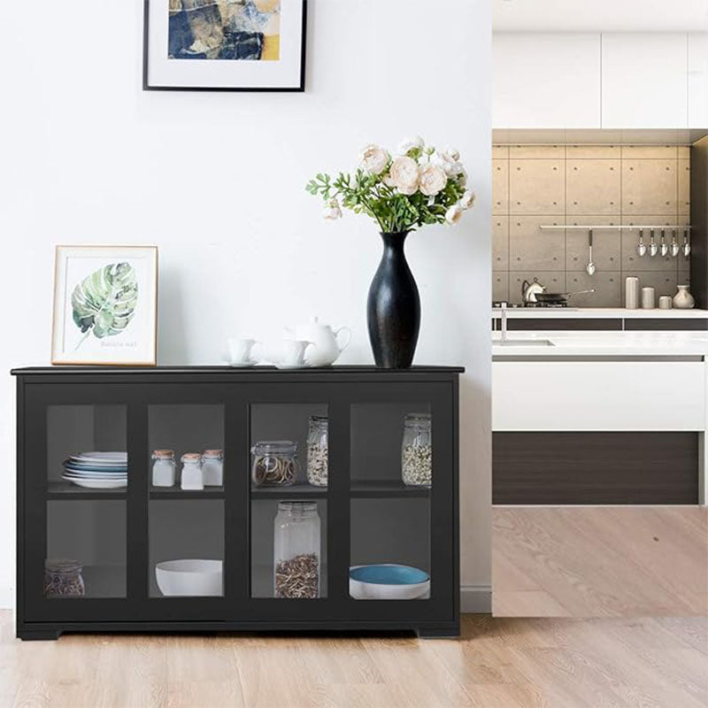 Buffetkast – Sideboard – Opbergkast – Keukenkast – Dressoir – Zwarte Buffetkast Met Schuifdeuren – Tempered Glas – Verstelbare Plank In 3 Hoogtestanden