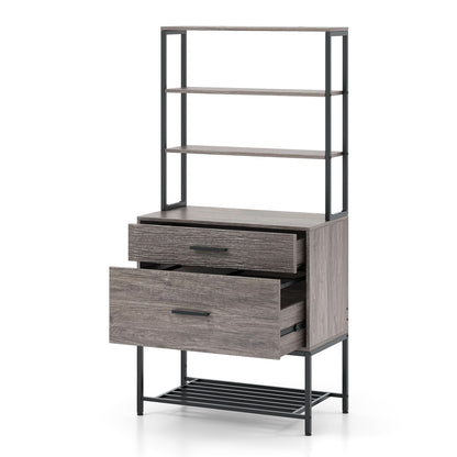 Kantoorkast – Archiefkast – Opbergkast – Boekenkast – Vakkenkast – Industrieel Design – 3 Open Planken & 2 Lades – MDF Met Metaal – 75x40x156 cm – Grijs