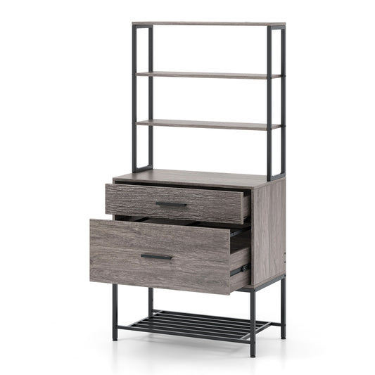 Kantoorkast – Archiefkast – Opbergkast – Boekenkast – Vakkenkast – Industrieel Design – 3 Open Planken & 2 Lades – MDF Met Metaal – 75x40x156 cm – Grijs
