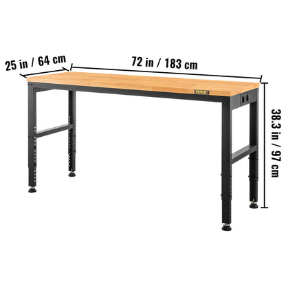 Werkbank – Werktafel – Werkbank Met Stopcontacten – Verstelbare Werkbank – Klusbank – 183x64 cm Massief Houten Blad – Hoogte Verstelbaar 72-97 cm