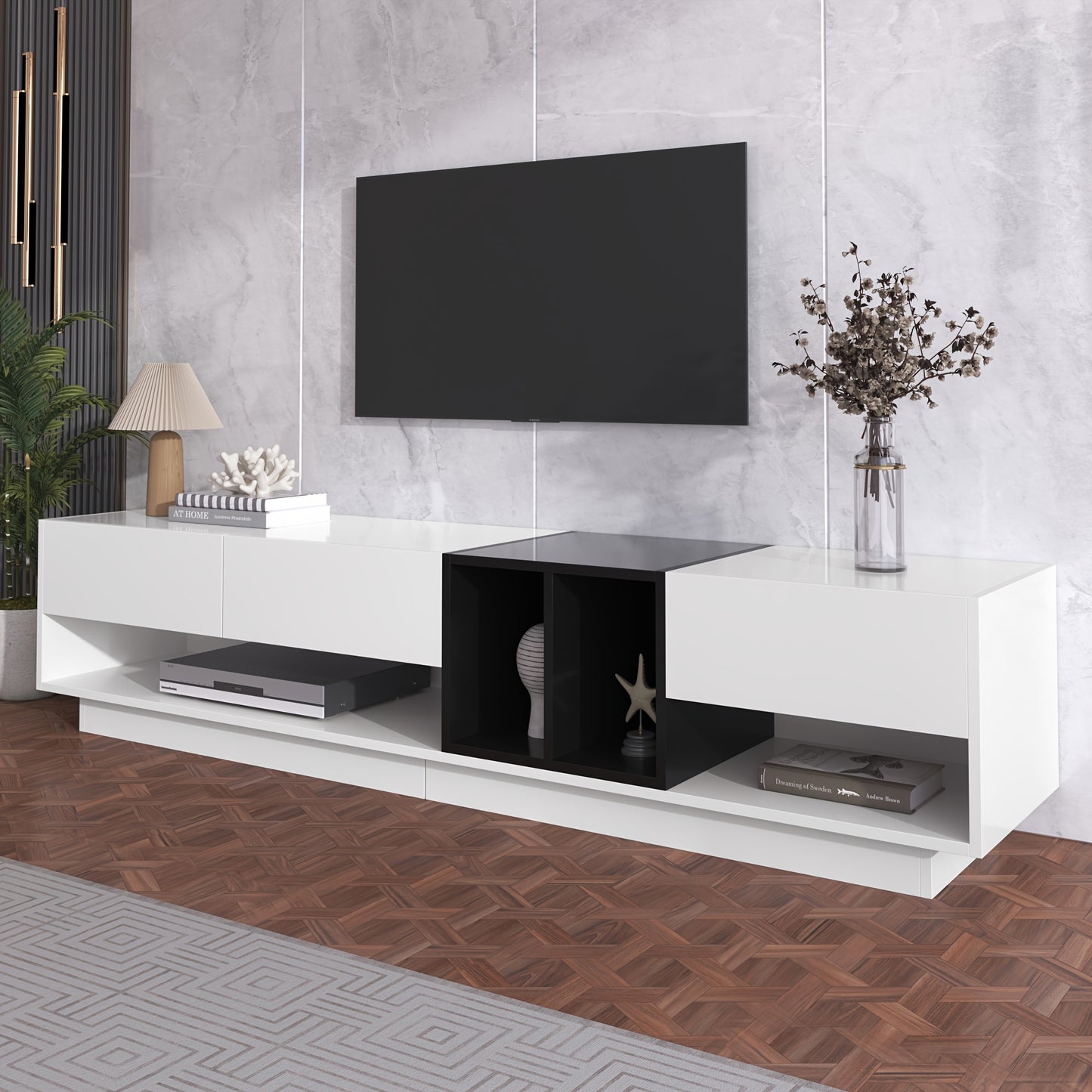 TV Cabinet, Entertainment Cabinet, Low Cabinet, White and Black High Gloss Combination. Colour blocking design, drawers, compartments, multiple storage spaces, 190*40*34 cm