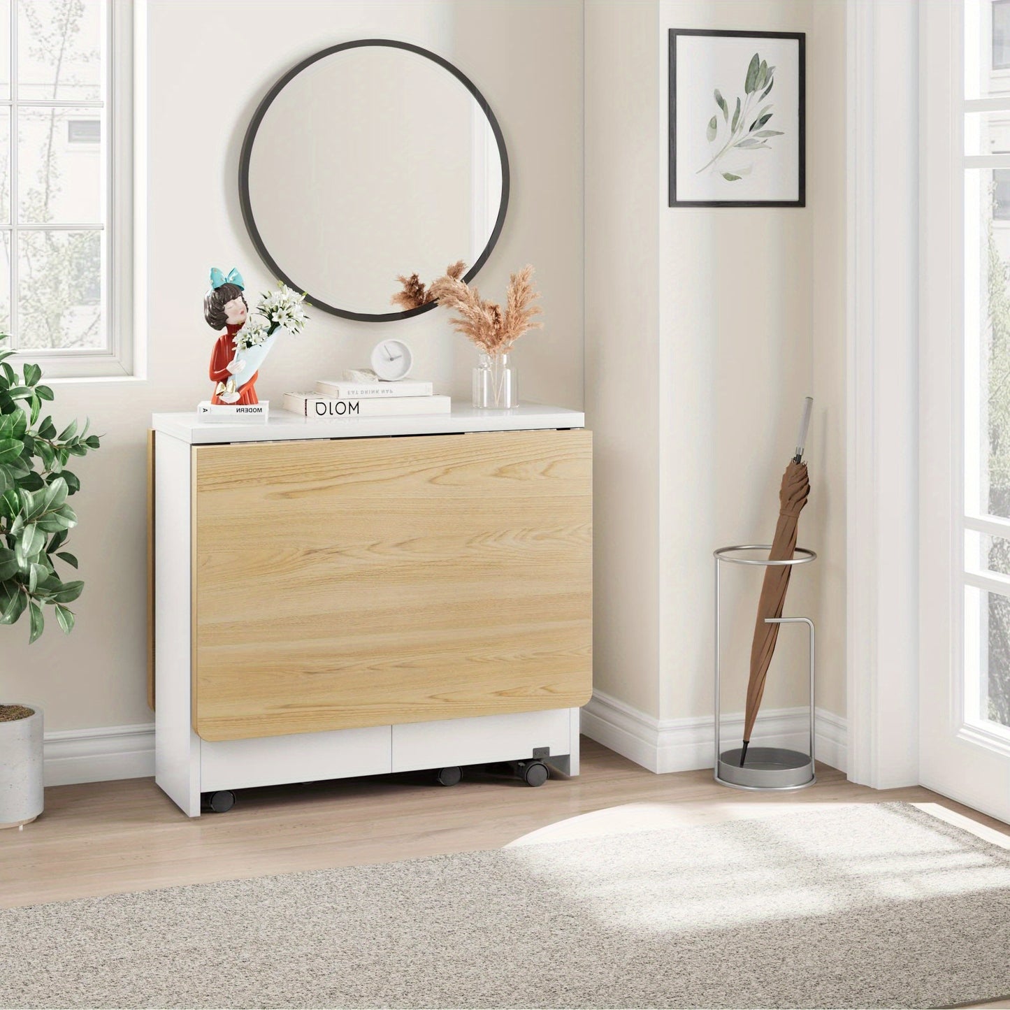 Klaptafel – Vouwtafel – Campingtafel – Eettafel – Opvouwbare Tafel – Met 2 Opbergniveaus – 360° Zwenkwielen Met Rem – Stevig Spaanplaat – Wit Met Houtaccenten