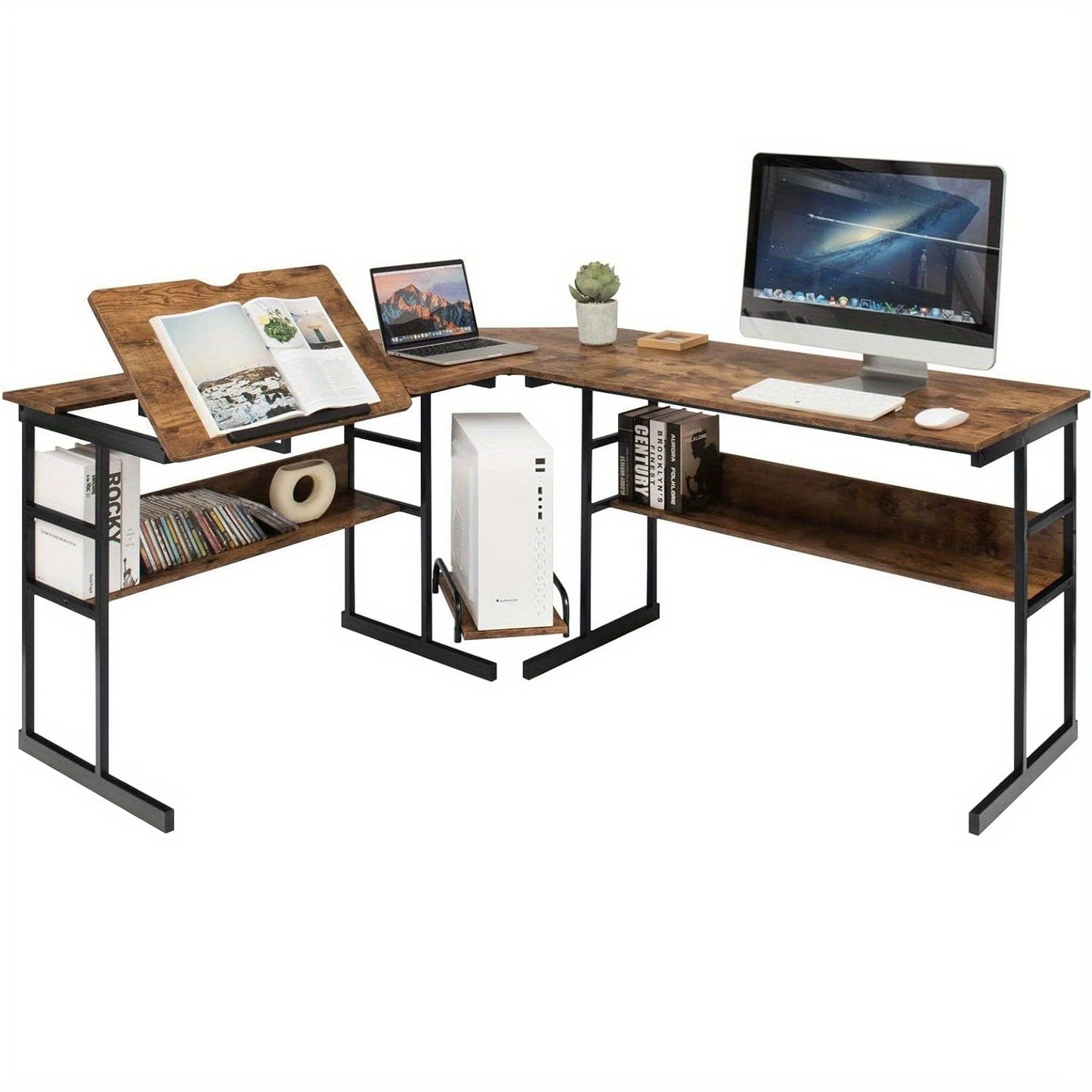 Bureau – Bureaumaatschappij – Computertafel – Hoekbureau – Werkplek – L-vormig Bureau – Met Opbergrekken – Verstelbare Kantelplaat – Stevig Metalen Frame – Compact 170x150x75 cm – Hoogwaardig MDF Hout