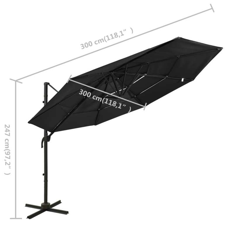 Solid Parasol with aluminum mast 4-layer black 3x3m, Poolside Umbrella, Traditional Style, Classic Parasol, Uvresistant Material, Sun Shelter, Outdoor Umbrella, Homeowners