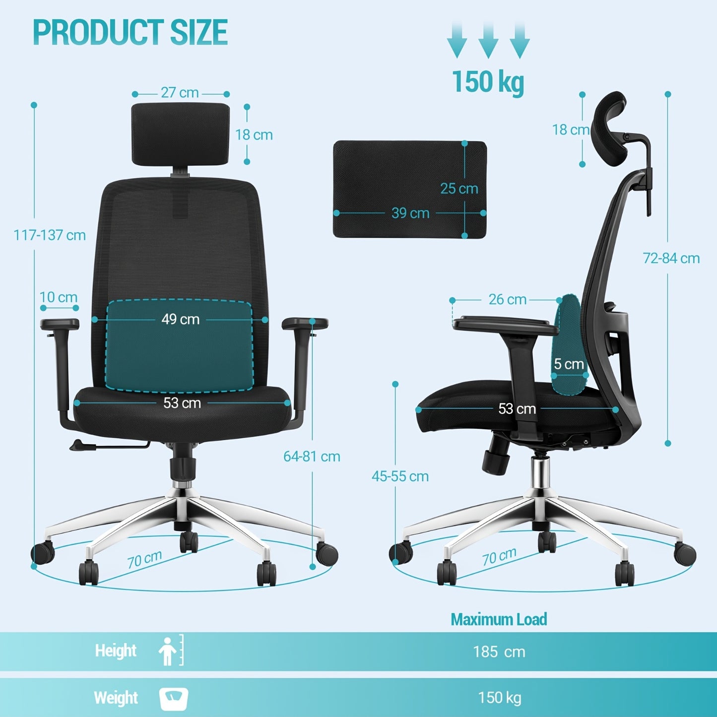 Bureaustoel – Ergonomische Stoel – Office Chair – Draaistoel – Computerstoel – Verstelbare Lendensteun & Hoofdsteun – Ademend Mesh & Max 150 kg