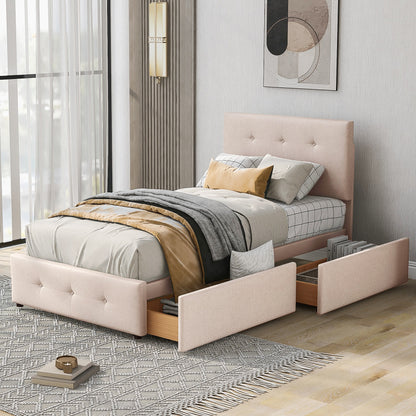 Bedbank – Slaapbank – Logeerbed – Eenpersoonsbed – Bedframe – Licht Beige Fluwelen Bekleding – Inclusief Lattenbodem en 2 Opberglades
