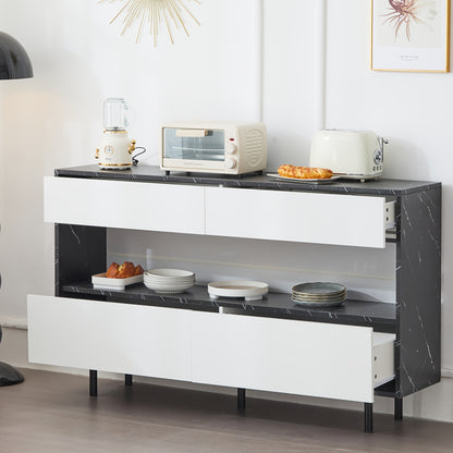 Dressoir – Sideboard – Opbergkast – Buffetkast – Kast – Wit Bamboo Met Zwart Marmerdesign – 150 cm Breed – 4 Lades & Ruime Opbergruimte