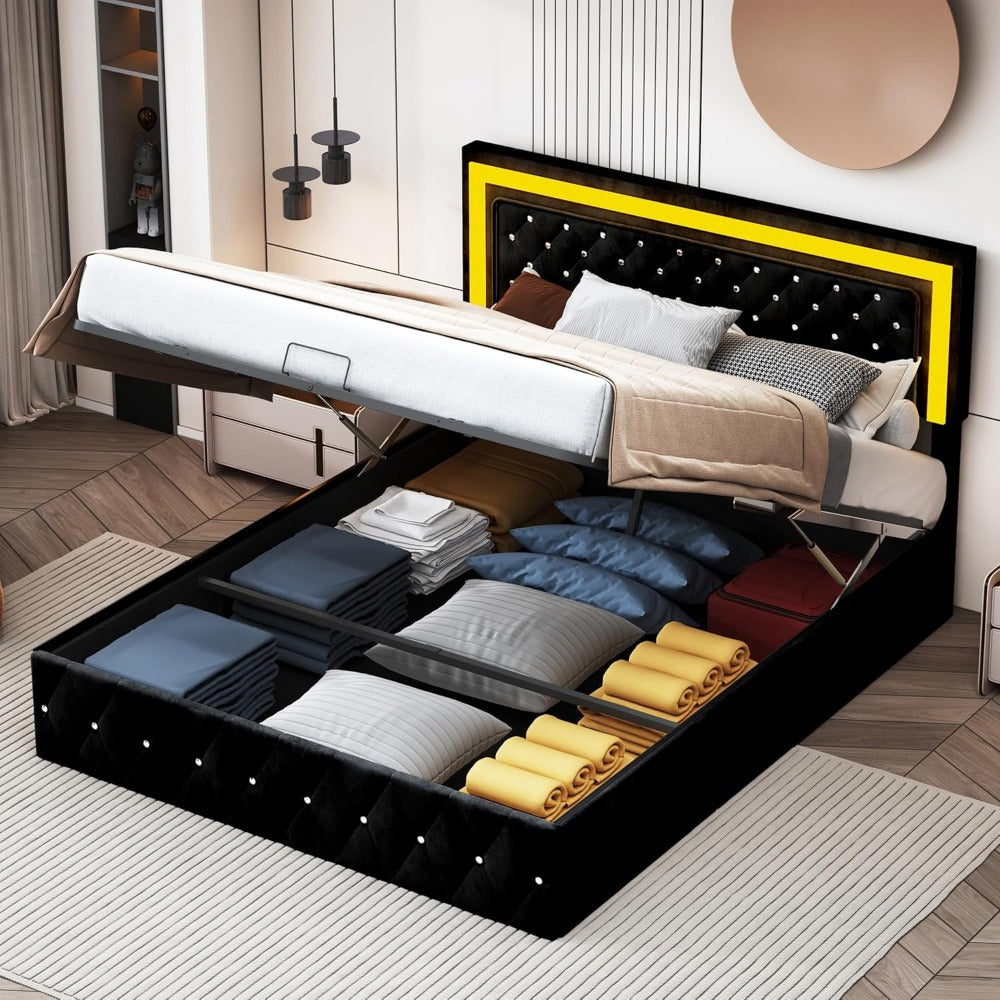 Opbergbed – Gestoffeerd Bed – Tweepersoonsbed – Opbergruimte Bed – Slaapbank – Hydraulisch – LED-Verlichting – Verstelbaar Hoofdeinde – 180x200 cm
