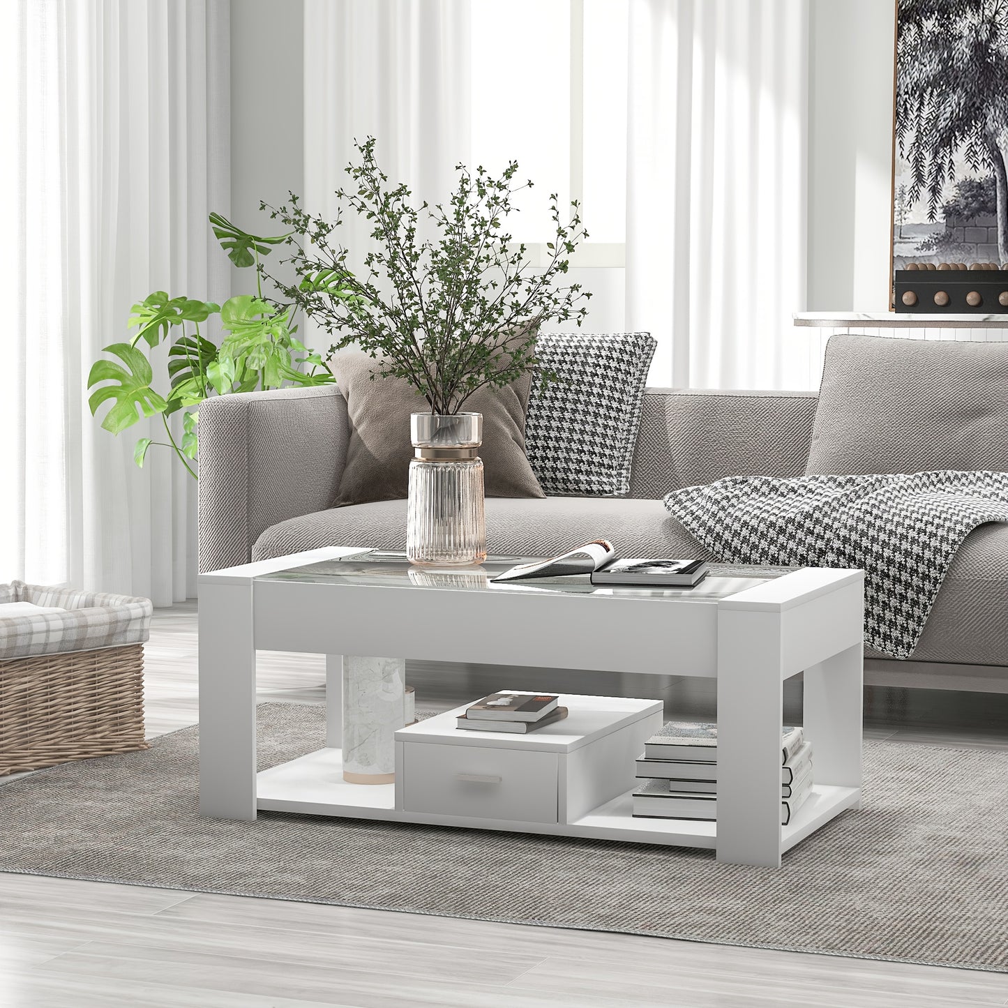 Salontafel – Woonkamertafel – Koffietafel – Tafel Met Opbergruimte – Sofa Tafel – Wit – Glazen Blad – Stevig Metalen Frame