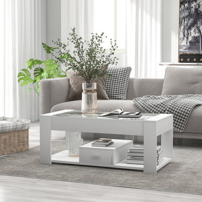 Salontafel – Woonkamertafel – Koffietafel – Tafel Met Opbergruimte – Sofa Tafel – Wit – Glazen Blad – Stevig Metalen Frame