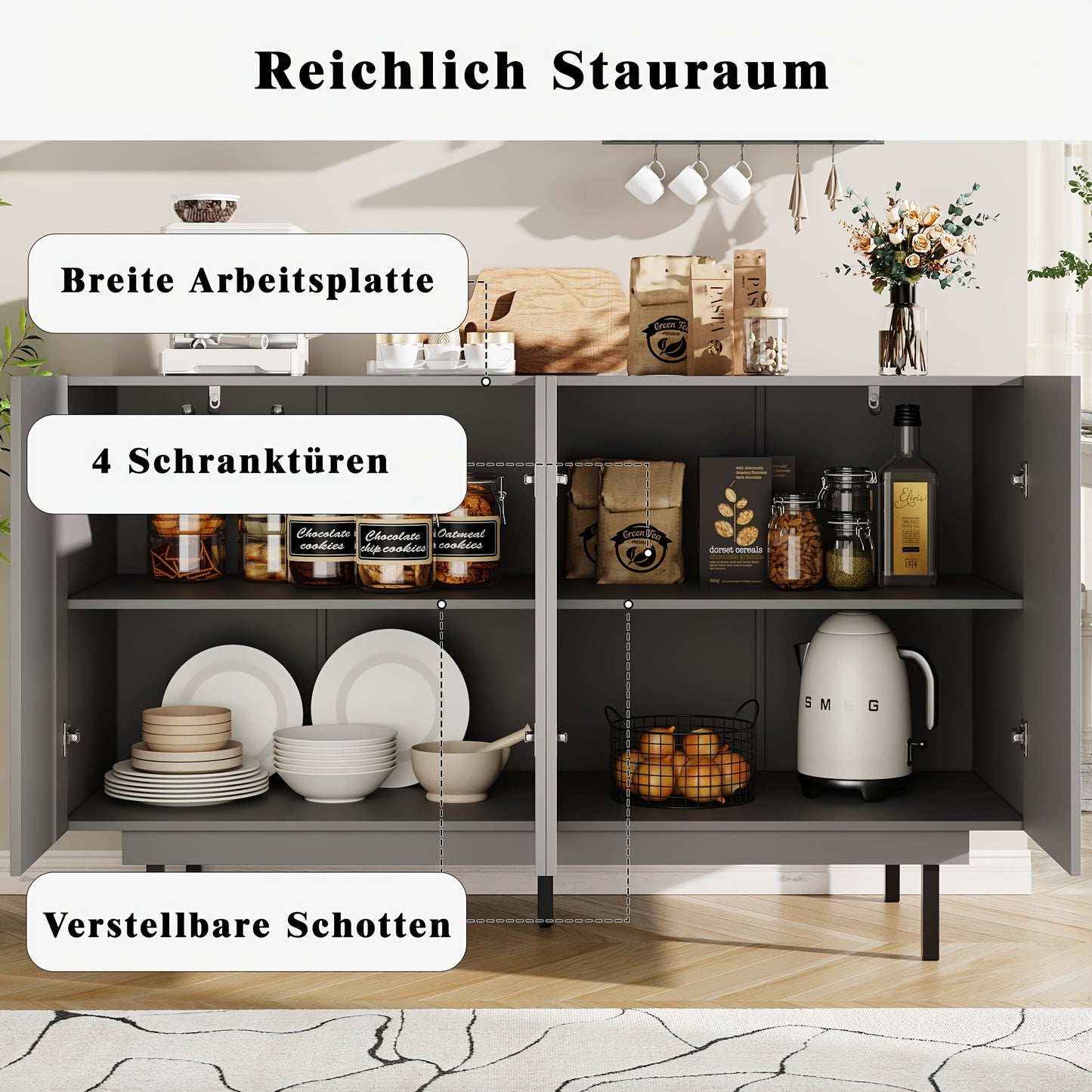 Dressoir – Opbergkast – Ladekast – Kast – TV-meubel – Grijs – Vrijstaand – 140x38,5x82,5 cm – Onderhoudsvriendelijk Materiaal