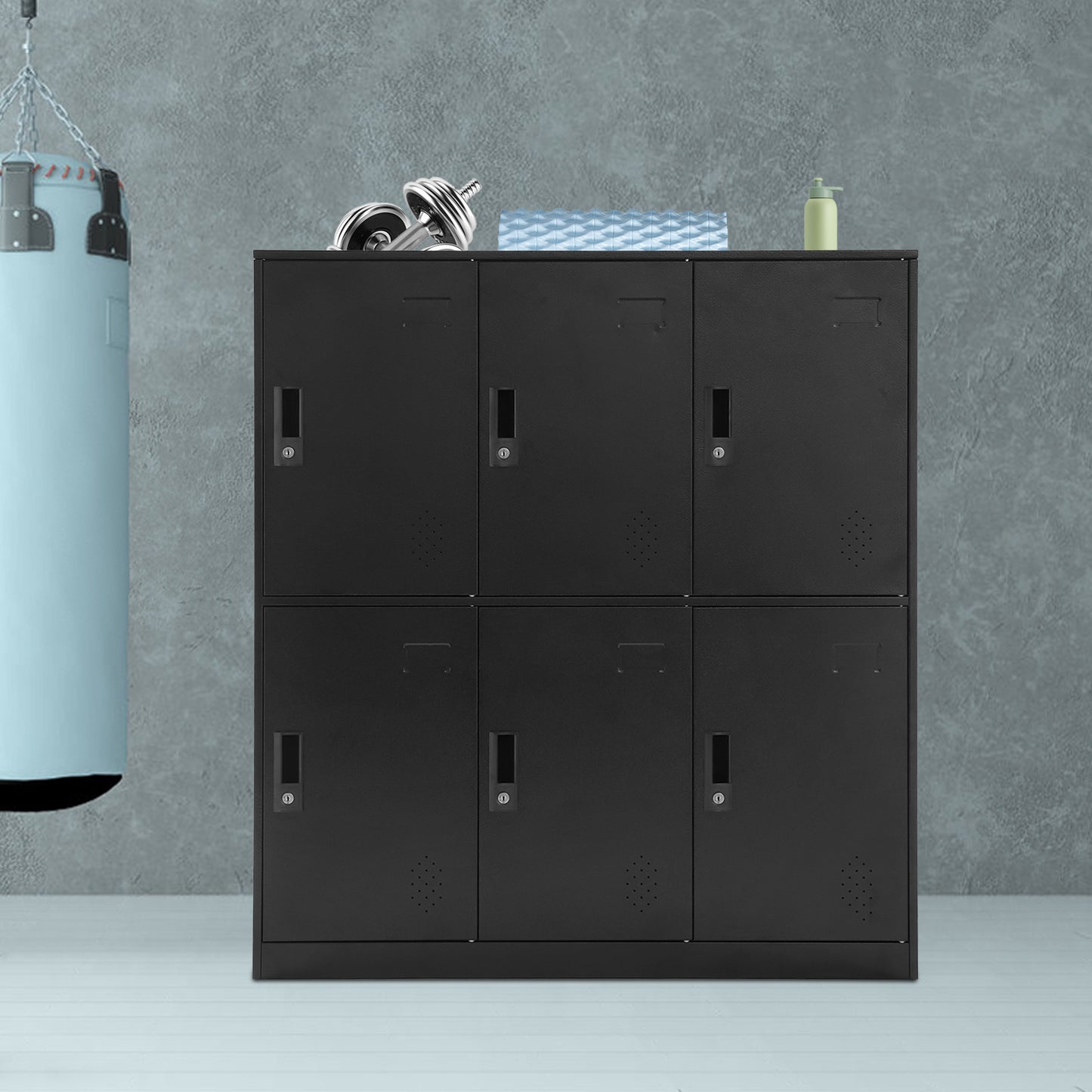 6-Door Heavy-Duty Lockable Metal Storage Cabinet with Card-Slot Locking System, Black Modern Floor-Standing Design - 109.98cmH x 50.04cmW x 40.01cmD, 6-Sided Security Safe Cabinet for Home Office, School, Business - Easy Asse