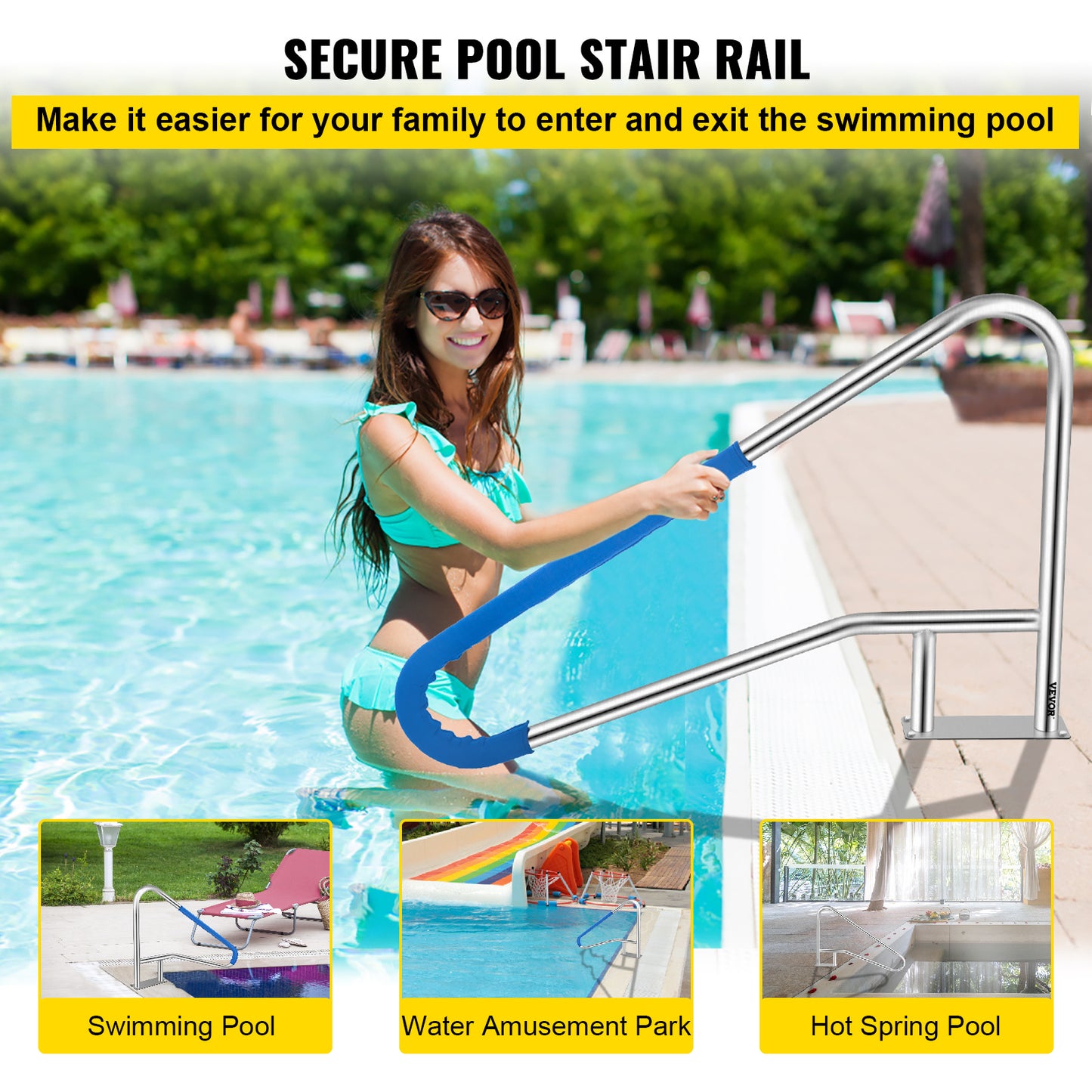 Zwembadleuning – Zwembadrail – Handgreep Zwembad – Zwembadtrap Handvat – 54x36" – Roestvrij Staal 304 – Antislip Nylon Grip