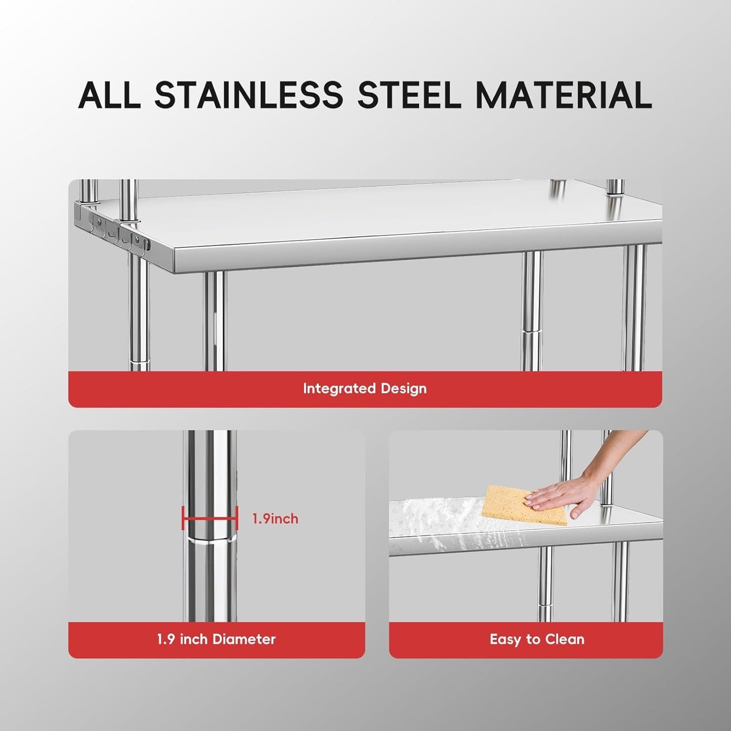 RVS Werktafel – Roestvrijstalen Werkbank – Keukentafel – Werkbank Met Planken – Grote Werktafel – 76,2 x 60,96 cm – Verstelbare Poot Hoogte – Afneembare Gegalvaniseerde Planken