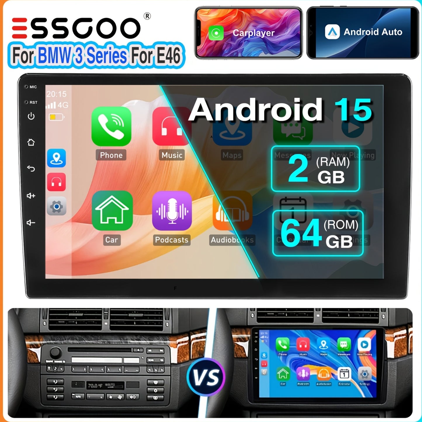 Autoradio BMW E46 2 DIN – Multimedia Speler – Auto Stereo – Navigatiesysteem – Touchscreen Radio – 9 Inch IPS Scherm – Android 15 Systeem – Draadloos CarPlay & Canbus