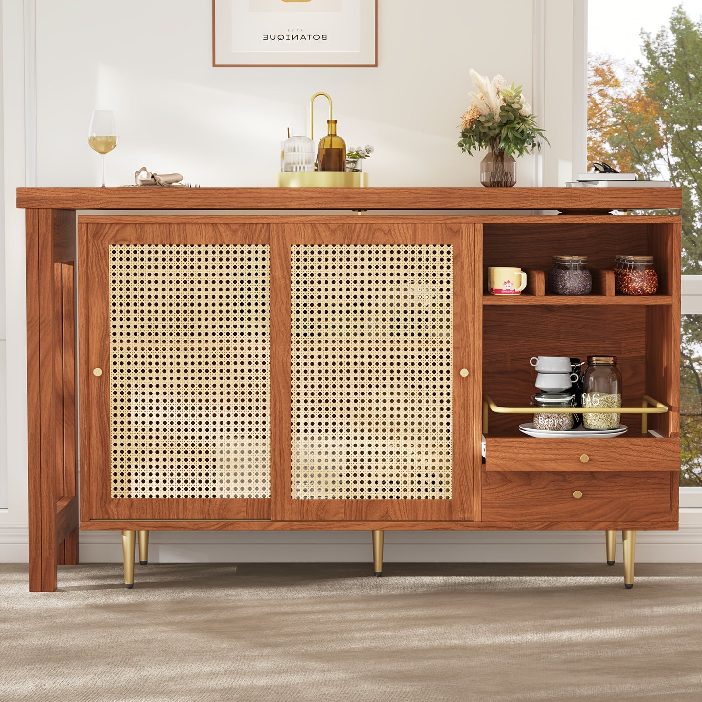 Bartafel – Bartafelset – Statafel – Keukentafel – Bistrotafel – 360° Draaibaar – Uitschuifbaar Ontwerp – Hout & MDF – Rattan Opbergruimte – Bruin – Compacte Afmetingen (107x40x71,4 cm)