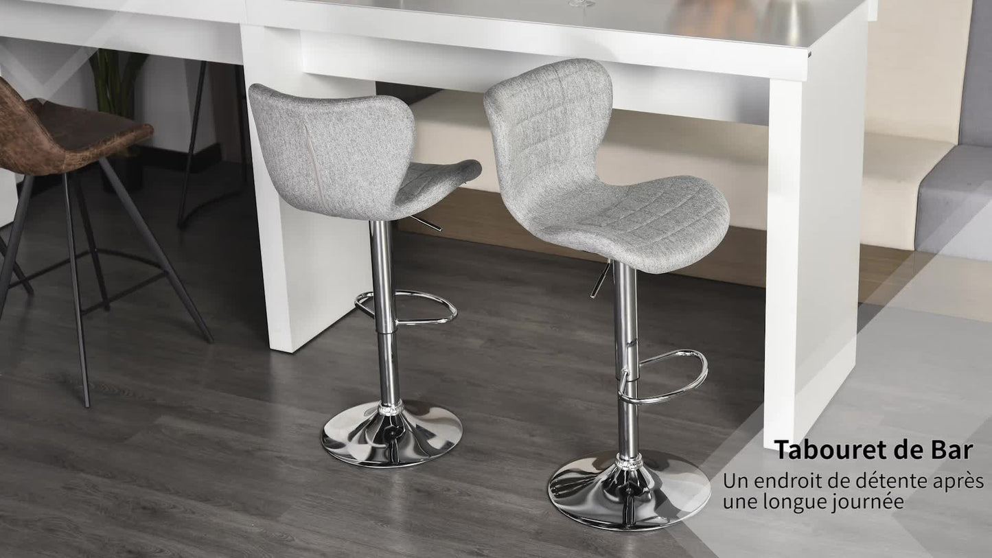 Barstoel – Barkruk – Keukenstoel – Verstelbare Kruk – Draaiende Barkruk – Set van 2 – Verstelbare Zithoogte 59-81 cm – 360° Draaibaar – Linnen Bekleding Grijs