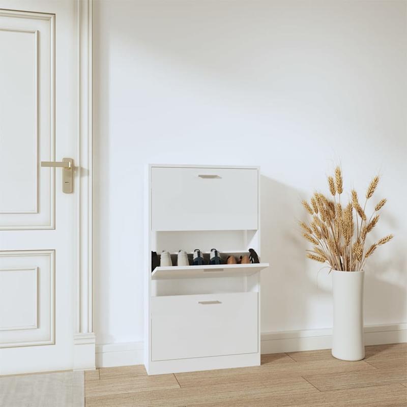 Modern Glossy White Shoe Rack - Heavy-Duty Shoe Organizer with Open Shelving, Space-Saving Floor Standing design, No Assembly Needed, for Entryway, Living Room, Office - Sturdy Hardwood Construction (59x17x108cm), Shoe Storag