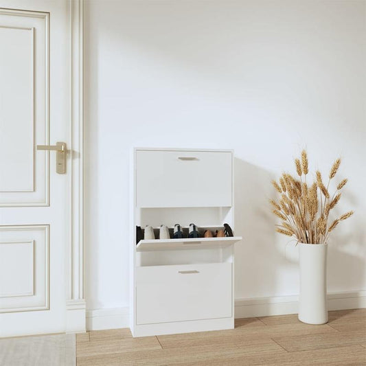 Modern Glossy White Shoe Rack - Heavy-Duty Shoe Organizer with Open Shelving, Space-Saving Floor Standing design, No Assembly Needed, for Entryway, Living Room, Office - Sturdy Hardwood Construction (59x17x108cm), Shoe Storag