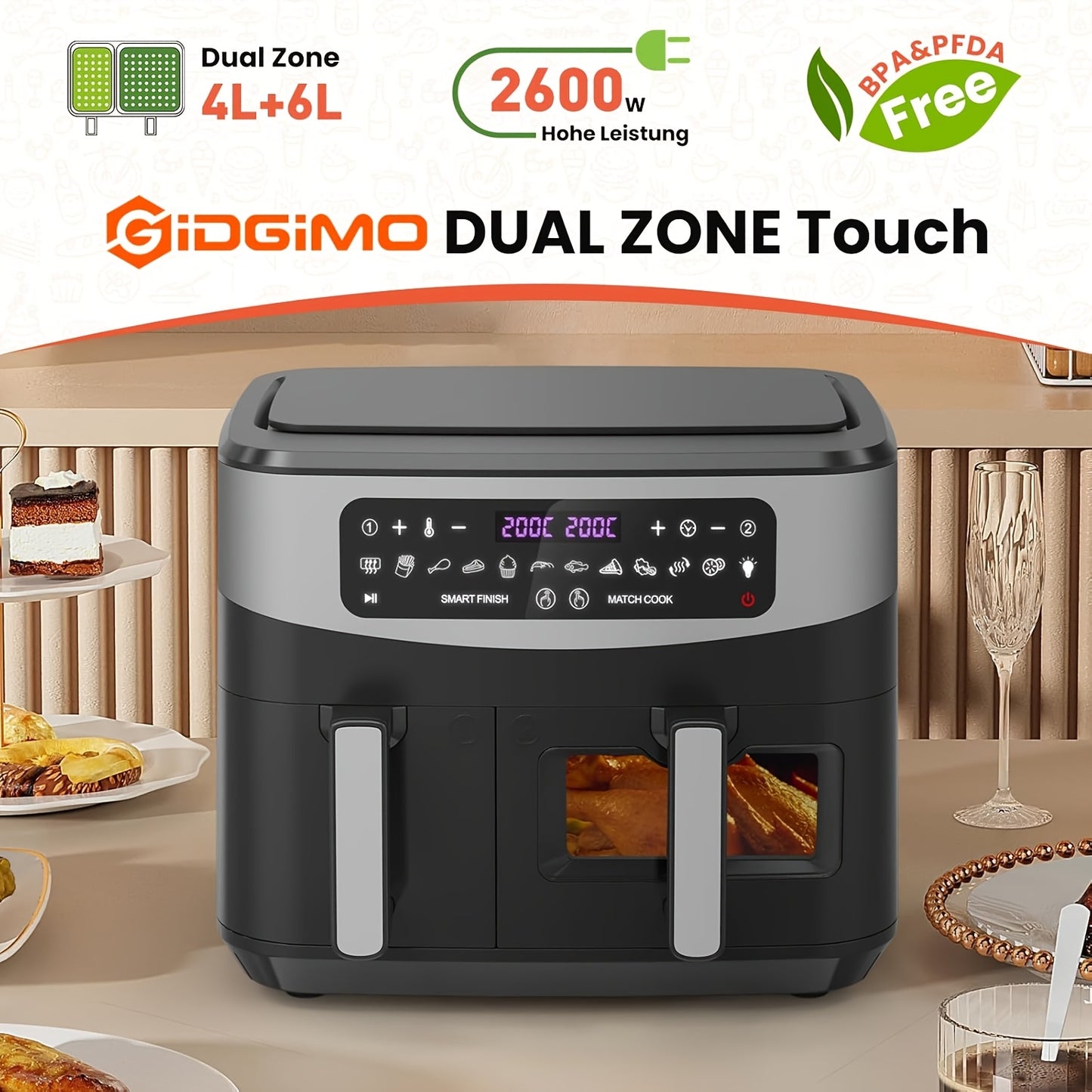 Airfryer – Heteluchtfriteuse – Friteuse – Air fryer – Digitale Friteuse – 10 Liter Dual Zone – 2600W Met Touchscreen & Kijkvenster