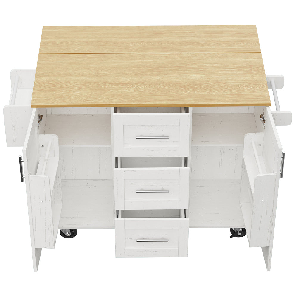 White Modern Mobile Kitchen Island with Removable Divider & Adjustable Casters - Heavy-Duty Metal Frame, Woodgrain Worktop, Storage Cabinets with Shelves & Drawers, Towel Rack - Space-Saving Rolling Cart for Small Kitchens, D