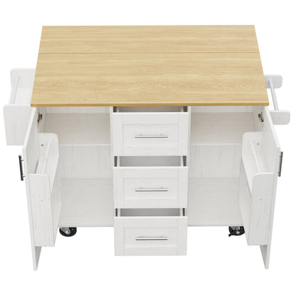 White Modern Mobile Kitchen Island with Removable Divider & Adjustable Casters - Heavy-Duty Metal Frame, Woodgrain Worktop, Storage Cabinets with Shelves & Drawers, Towel Rack - Space-Saving Rolling Cart for Small Kitchens, D