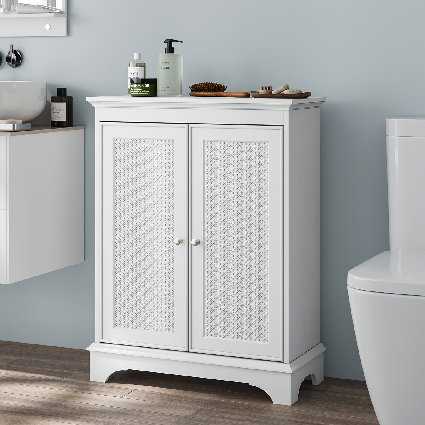Floor-standing Bathroom With Storage Space, White Bathroom Cabinet With Basket Door And Adjustable Shelf, Independent Modern Bathroom Cabinet, Living Room, Kitchen