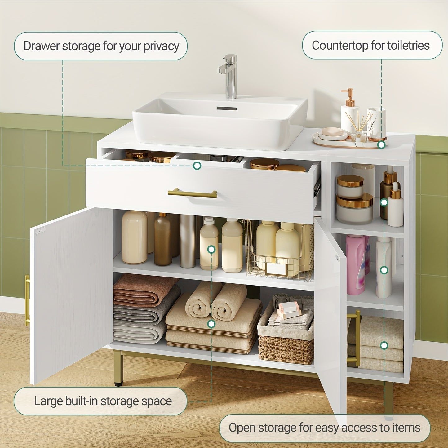 Badkamerkast – Badkamermeubel – Wastafelmeubel – Opbergkast – Toiletkast – Wit MDF Hout – Verstelbare Planken & Wisselbare Montagezijde