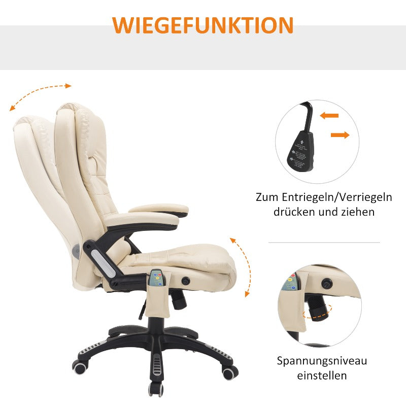 HOMCOM Massage Office Executive Chair with 6-Zone Massage & Heating, Ergonomic High Back Recliner with Adjustable Headrest, Lumbar Support, Height Adjustment, 360° Swivel & Sturdy Metal Base - Beige PU Leather for Home Offic
