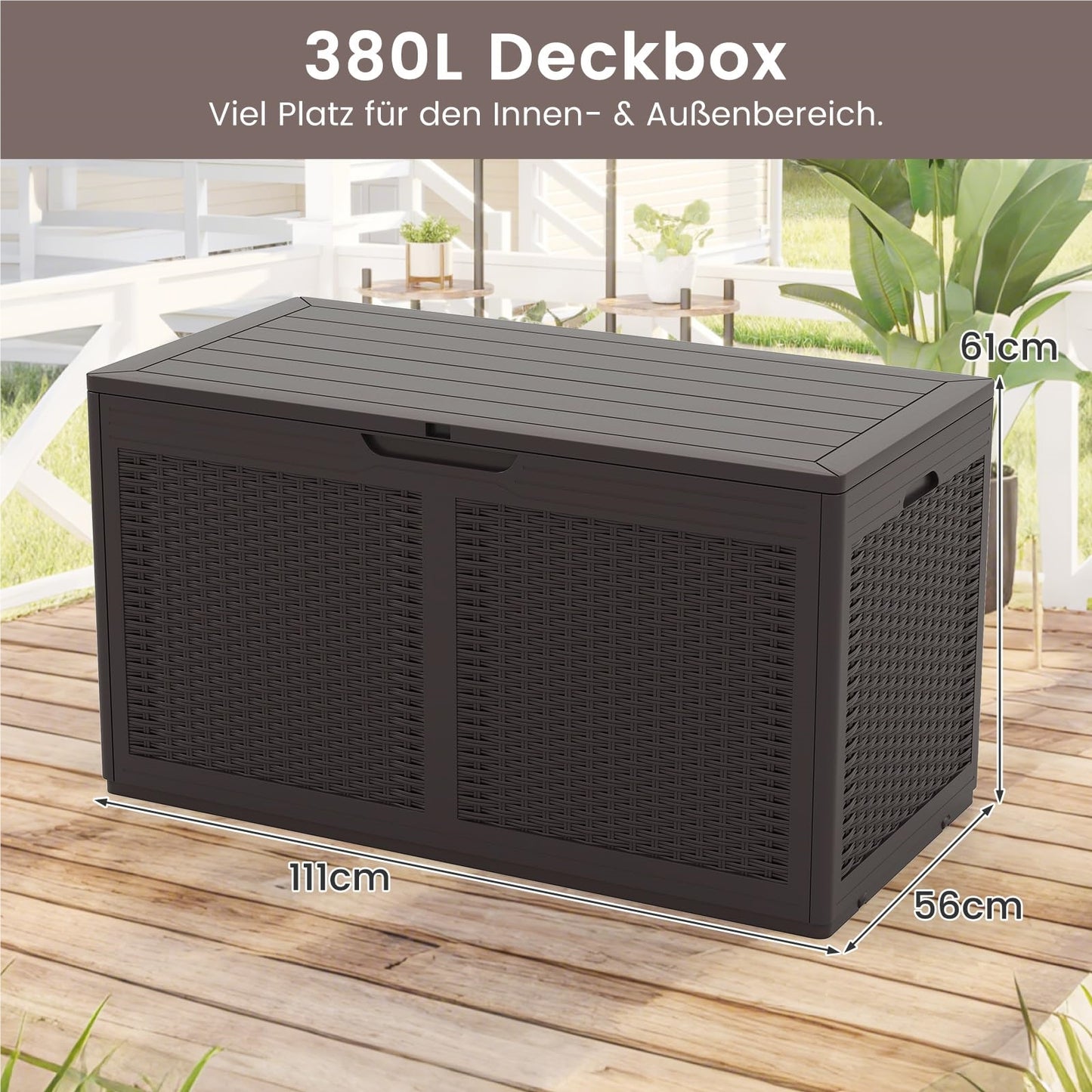 Opbergbox Tuinkist Tuinbox Buitenopberger Balkonbox – Rattan Opbergkist – 380 Liter – Waterdicht PP – Met Wieltjes & Zitfunctie 200 kg