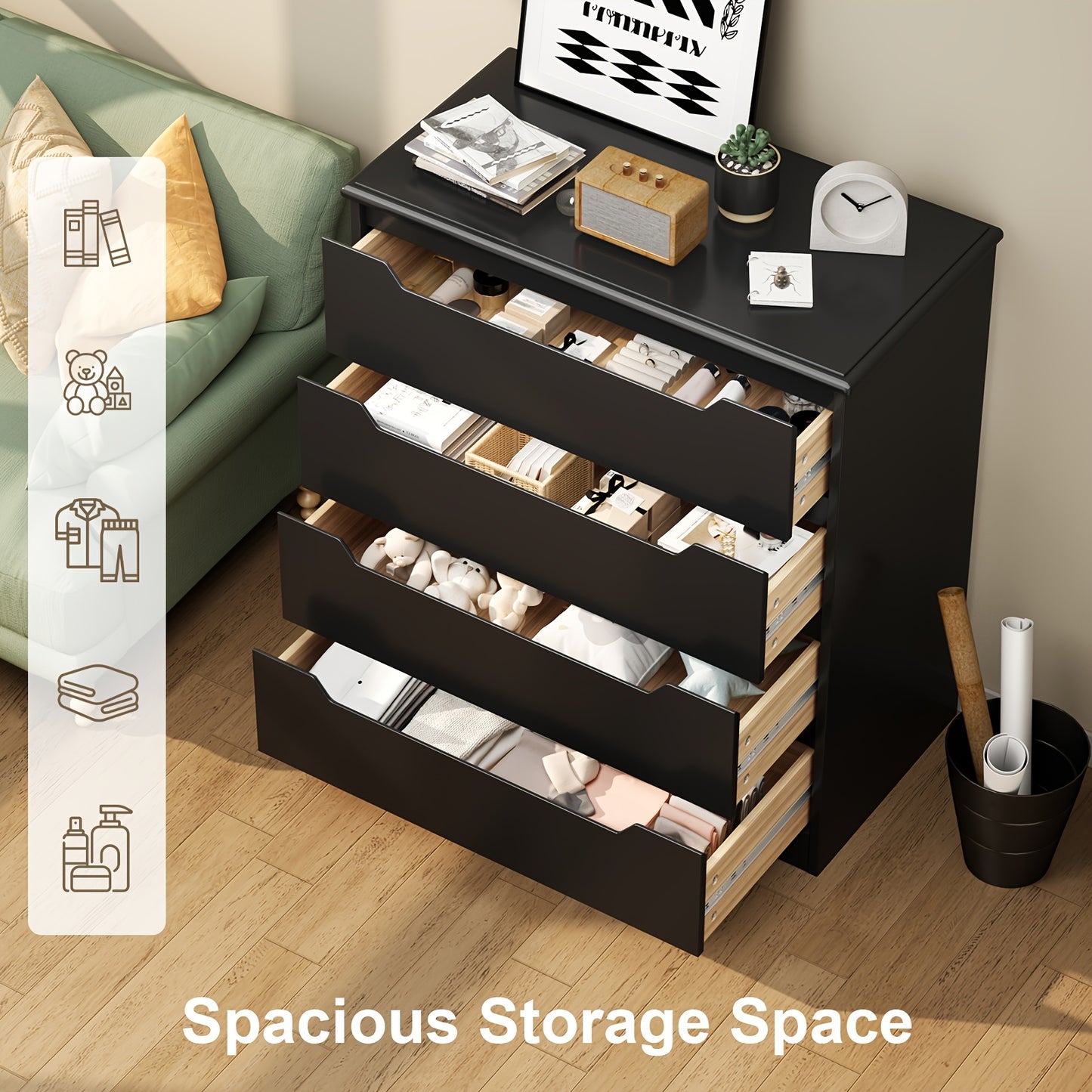Witte 4-Ladenkast – Opbergkast – Ladekast – Dressoir – Bergkast – Stabiele Houten Constructie – Ruime 3,2+ Cu Ft Opbergruimte