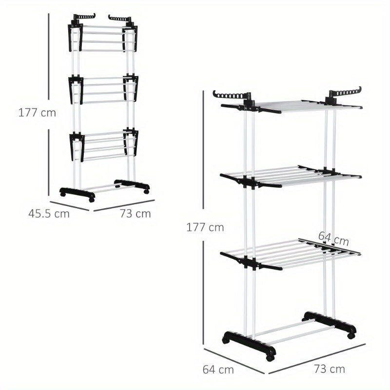 Droogrek – Wasrek – Kledingrek – Uitschuifbaar Rek – Droogtoren – Metallisch – 4-laags Met Wieltjes – Compact 73x45,5x177 cm – Geschikt Voor Binnen En Buiten