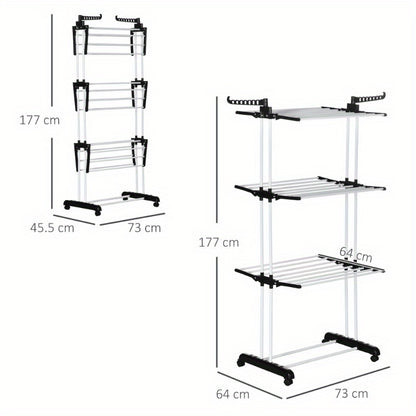 Droogrek – Wasrek – Kledingrek – Uitschuifbaar Rek – Droogtoren – Metallisch – 4-laags Met Wieltjes – Compact 73x45,5x177 cm – Geschikt Voor Binnen En Buiten
