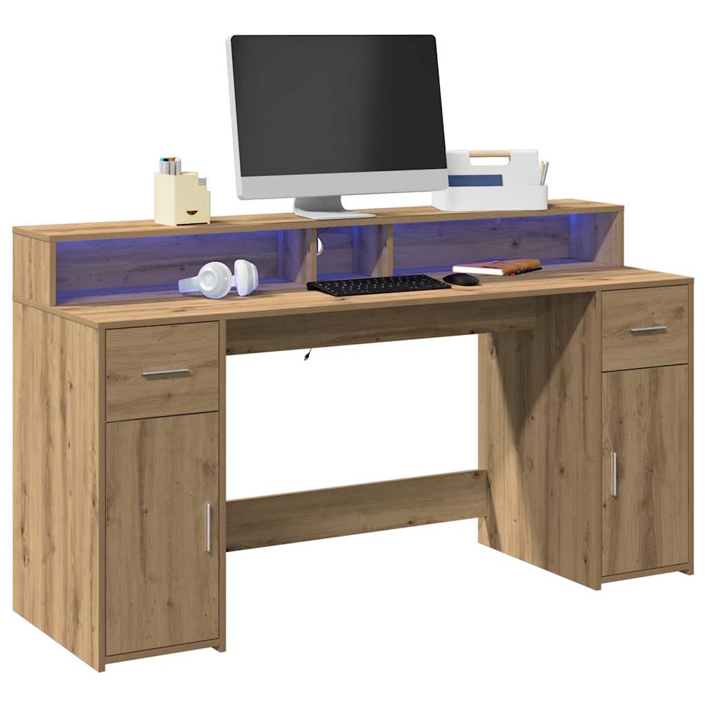 Bureau – Werkplektafel – Computertafel – Laptopbureau – Thuiswerkbureau – Artisan Oak Kleur – RGB LED Sfeerverlichting – Duurzaam Vochtbestendig Hout – Compact Formaat 160x55x91 cm