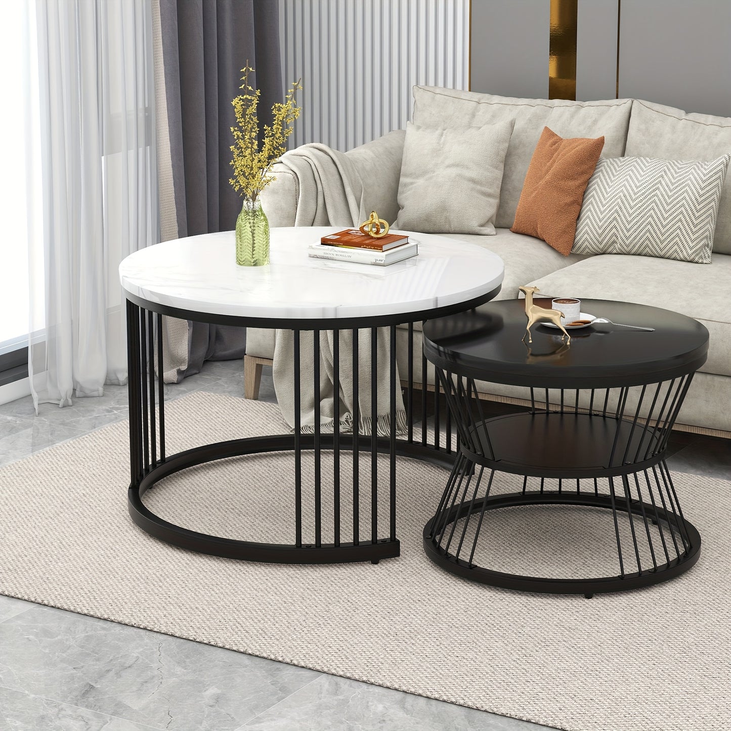 Salontafelset – Salontafels – Bijzettafels – Koffietafel – Woonkamertafel – Modern Design – Hoogglans Marmerlook – Set van 2 Ronde Tafels – Zwart Metalen Frame – Eenvoudige Montage