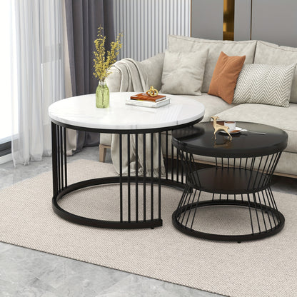 Salontafelset – Salontafels – Bijzettafels – Koffietafel – Woonkamertafel – Modern Design – Hoogglans Marmerlook – Set van 2 Ronde Tafels – Zwart Metalen Frame – Eenvoudige Montage