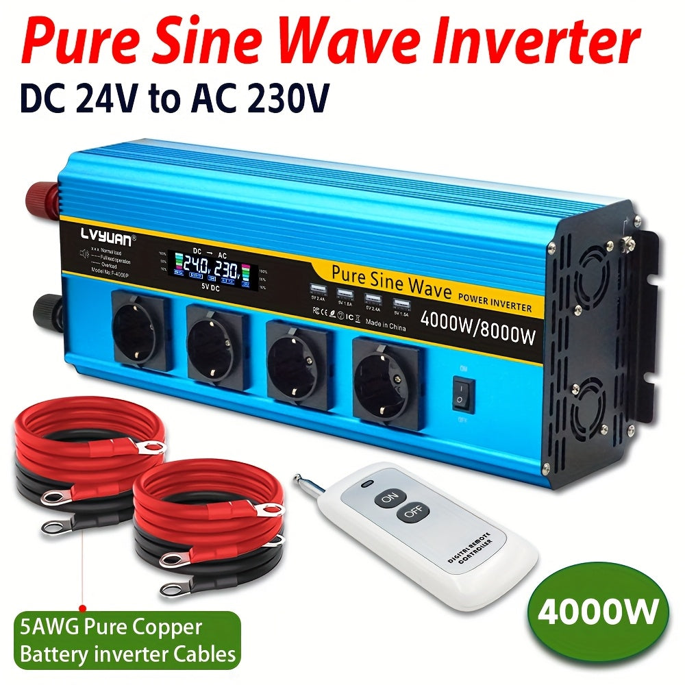 Omvormer 24V – Spanningsomvormer – Gelijkstroomomzetter – Sinusomvormer – Stroomconverter – 4000W Piekvermogen – Pure Sinusgolf & 4 AC Stopcontacten