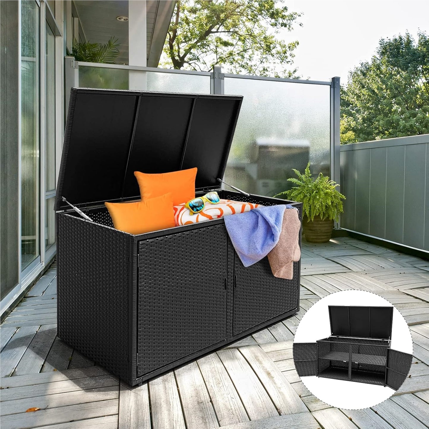 Rattan Opbergbox – Tuinkist – Opbergkist – Buitenbox – Tuinbank Met Deksel – 333L Inhoud – Weerbestendig PE Rattan – Dubbele Deuren & Binnenplanken – Mat Zwart – 115x60x65 cm